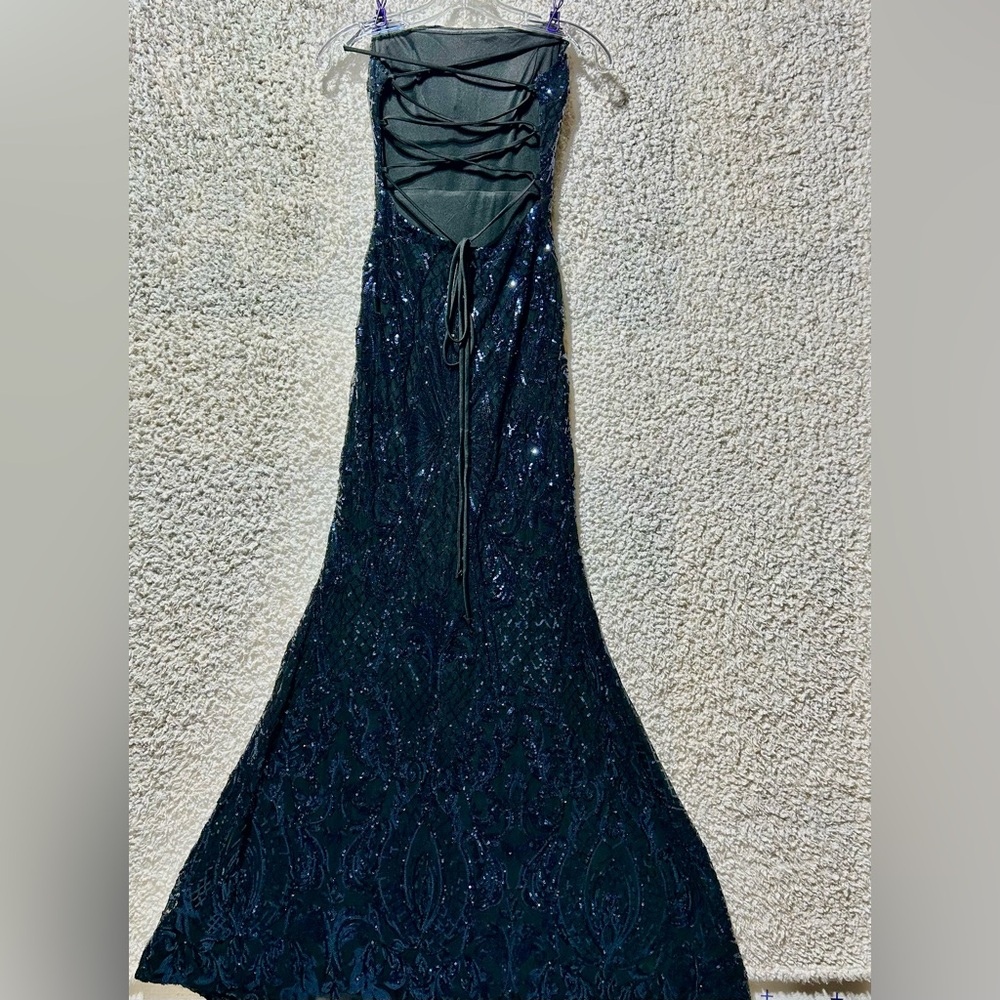 Windsor Black Blue Sequins Dress Maxi Small S Formal Stretch String Tie Backless